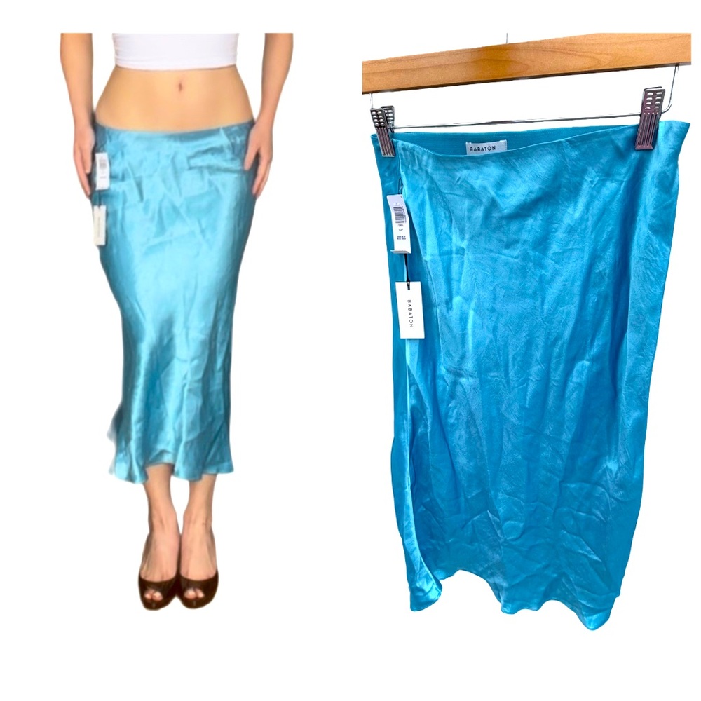 NWT Aritzia Babaton Aqua Blue Satin Slip Midi Skirt Size 6